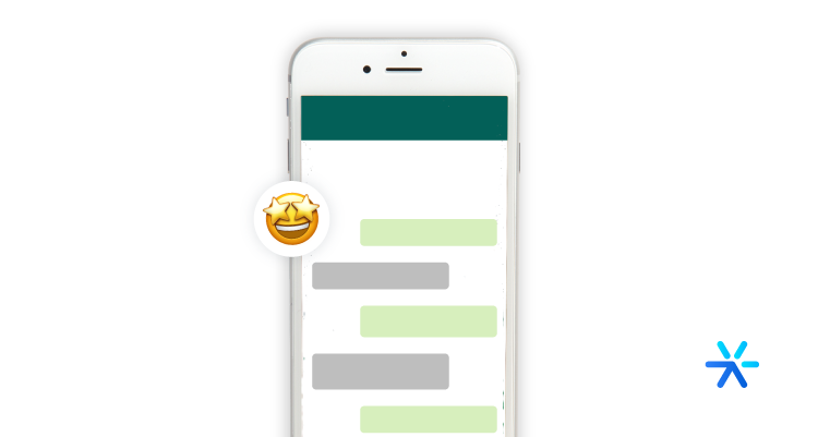 Smartphone mockup with a starstruck emoji next to a WhatsApp conversation.