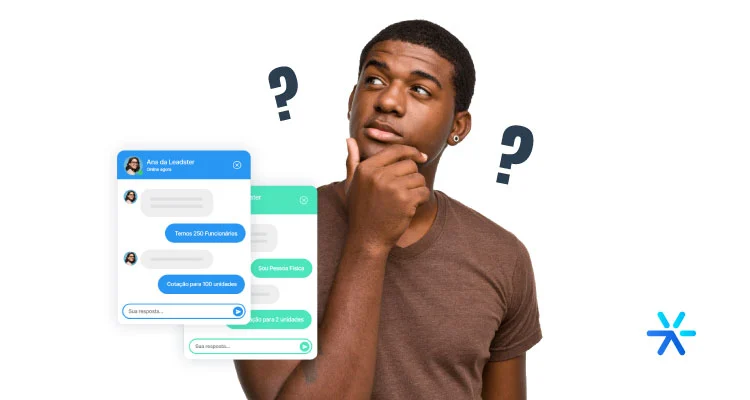 Man thinking. Around him, a conversational marekting chatbot mock-up and question marks. 